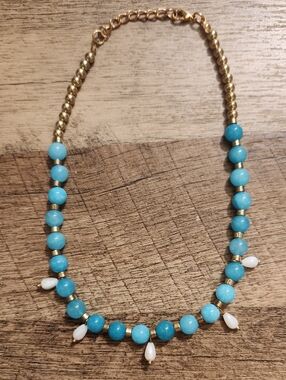 Turquoise Bead and Gold Accent Necklace TESTS AS JADEITE OR TOURMALINE STONE